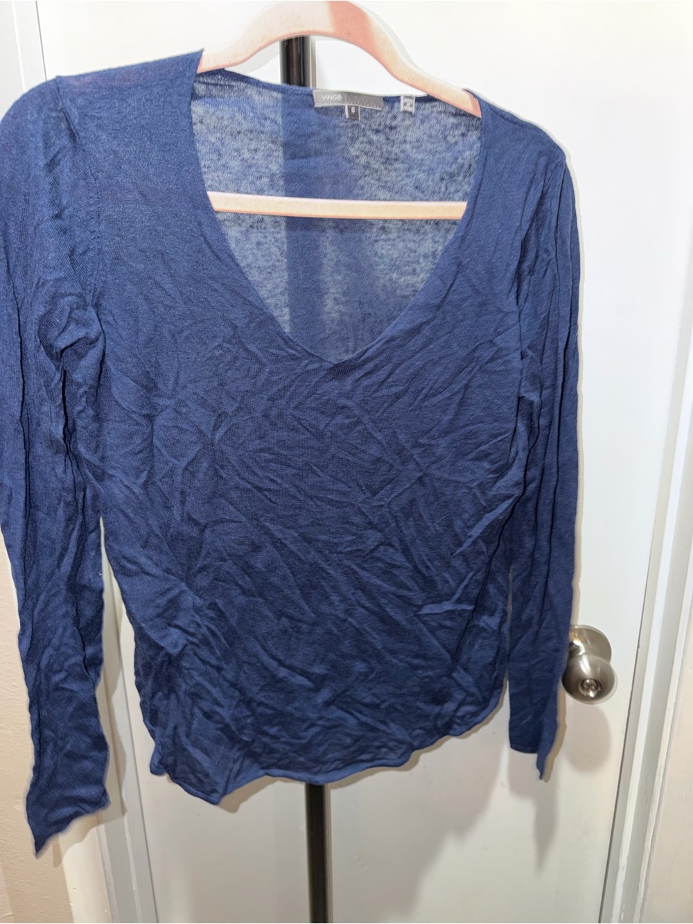 Vince Linen Blend V-Neck Long Sleeve Sweater Top Navy Blue Size Small